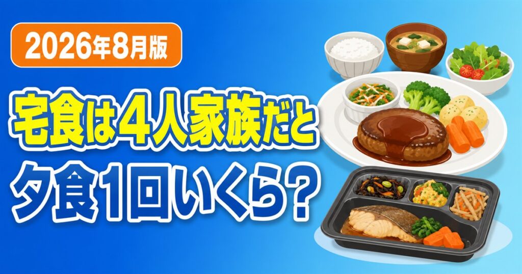 宅食は4人家族だと夕食1回いくら？2026年8月版。冷凍弁当のトレーと主菜・副菜が並んだ食卓のイラスト