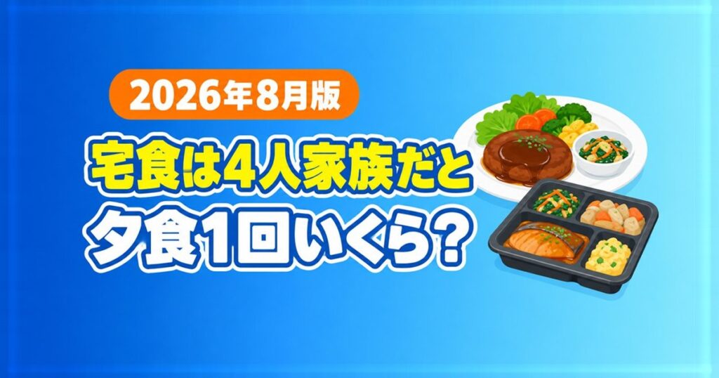 宅食は4人家族だと夕食1回いくら？2026年8月版。冷凍弁当のトレーと主菜・副菜が並んだ食卓のイラスト
