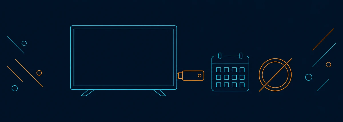 Fire TV Stickに月額料金がかからないことを表すカレンダーと硬貨のイラスト