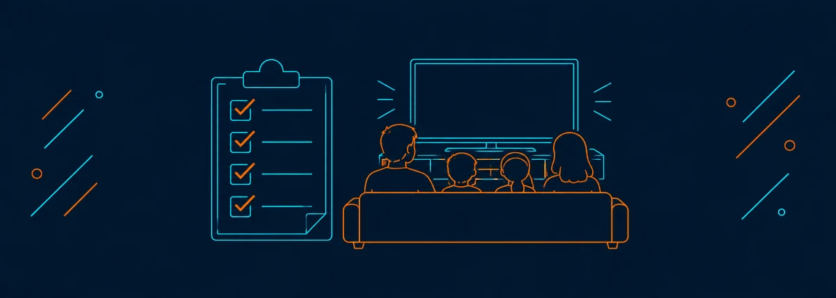 Fire TV Stickを無料で使い倒すまとめを表すチェックリストと家族のイラスト