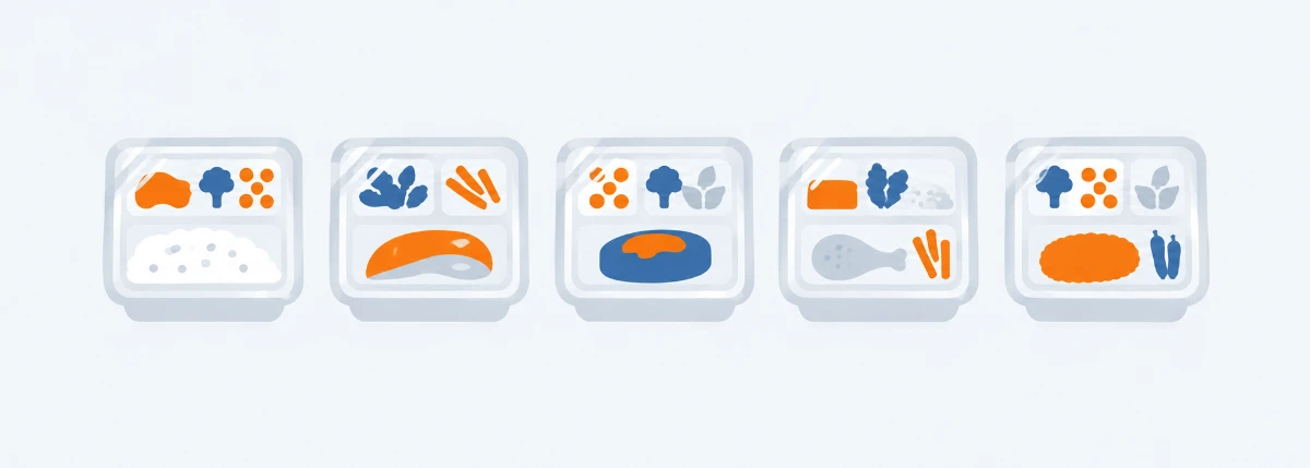 冷凍弁当のパッケージが並ぶイラスト
